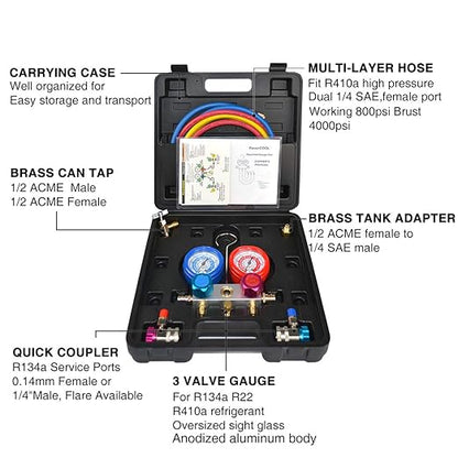 FAVORCOOL CT-136G 3-Way AC Diagnostic Manifold Gauge Set with Case for Freon Charging, fits R410A, R134A, R22 Refrigerants, Aluminum Body, Sight Glass