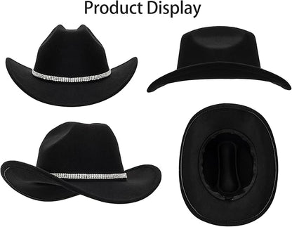 Women-Rhinestone-Western-Cowboy-Hats - Vintage-Wide-Brim-Cowgirls-Hat Bling-Diamond-Hat for Disco Music Party M/L