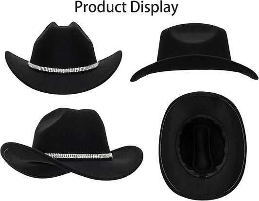 Women-Rhinestone-Western-Cowboy-Hats - Vintage-Wide-Brim-Cowgirls-Hat Bling-Diamond-Hat for Disco Music Party M/L