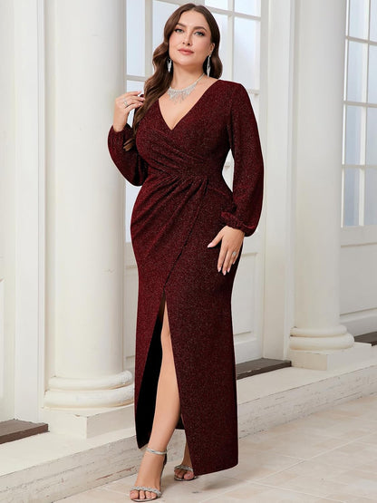 CYCLAMEN Plus Size Formal Maxi Dress Sparkly Ruched Puff Sleeve V Neck Slit Cocktail Wedding Guest Prom Evening Gown.