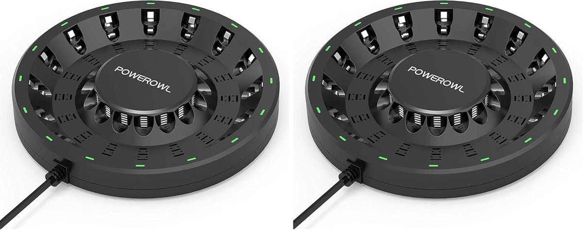 POWEROWL 16 Bay AA AAA Battery Charger (Updated, High Speed Charging) with Smart LED Light and Plug, for NIMH NICD Rechargeable Batteries and More (Pack of 2)