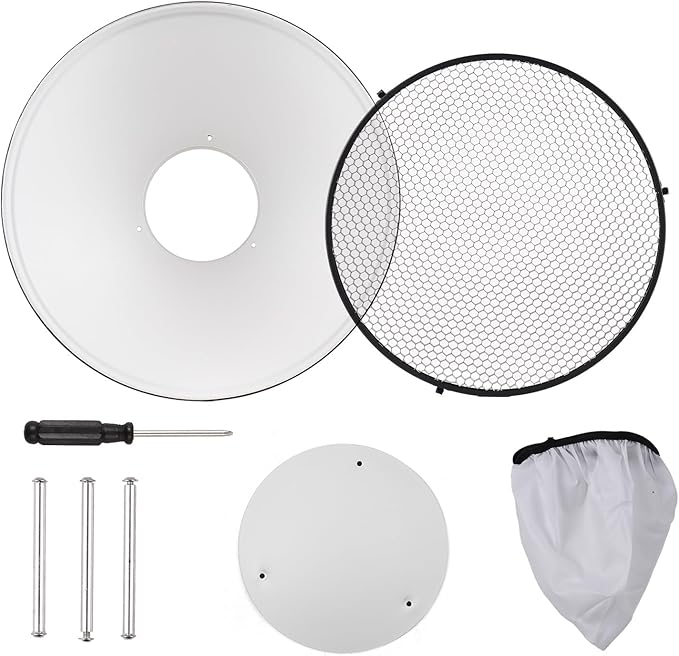 Andoer 30cm11.8in Standard Reflector Beauty Dish Bowens Mount with White Diffuser Reflector Honeycomb Grid for Studio Portrait Photography Strobe Flash Light