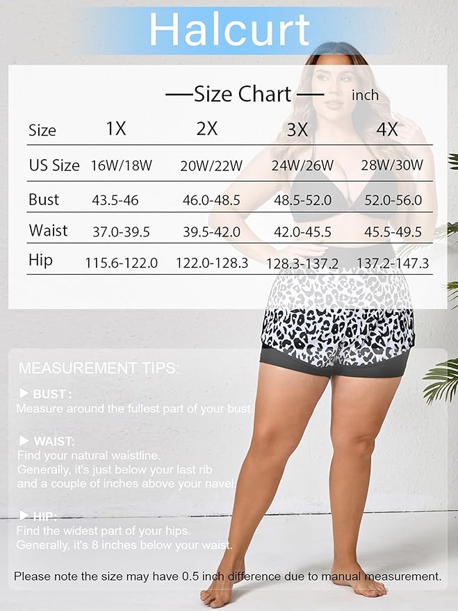 Halcurt Women's Plus Size High Waisted Swim Board Short with Boxer Liner Quick Dry Swimsuit Bottoms