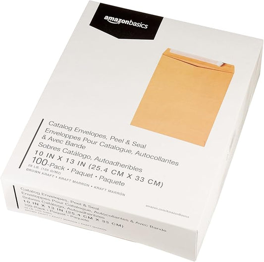 Basics Catalog Mailing Envelopes, Peel and Seal, 10x13 Inch, Brown Kraft, 100-Pack