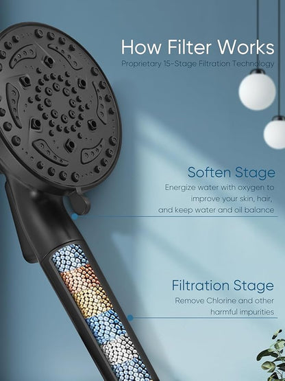 Cobbe Filtered Shower Head with handheld, High Pressure 7-mode Showerhead Hose, Bracket, Water Softener Filters Beads for Hard Remove Chlorine and Harmful Substance, Black, U.S. Patents