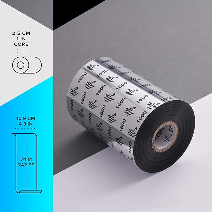 Zebra Standard Black Wax Ribbon for Industrial Thermal Transfer Printers 4.33 in Wide 1476 ft Long 1 in Core Pack of 6 Rolls Compatible with Multiple Models 10031729SP