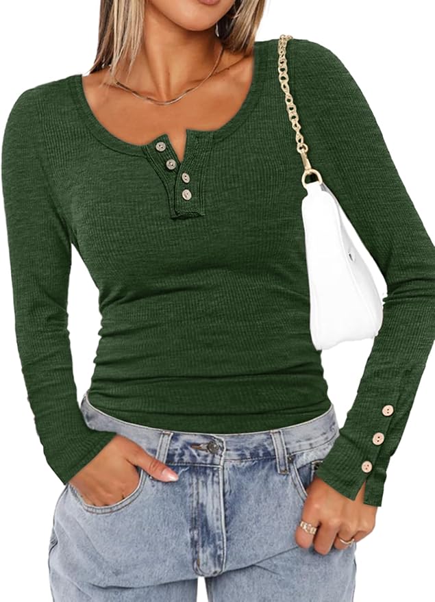 ATHMILE Women's Long Sleeve Shirts Casual Fall Henley Top Button Down Blouses Basic Ribbed Knit T Shirts 2025