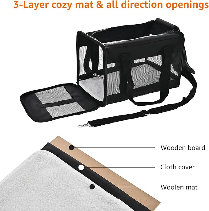 Basics Airline Approved Soft-Sided Mesh Pet Travel Carrier with Shoulder Strap, Portable, Washable Removable Fleece Pad for Dog, Cat, up to 16 pounds, 16.5" L x 10.6" W x 11" H, Black