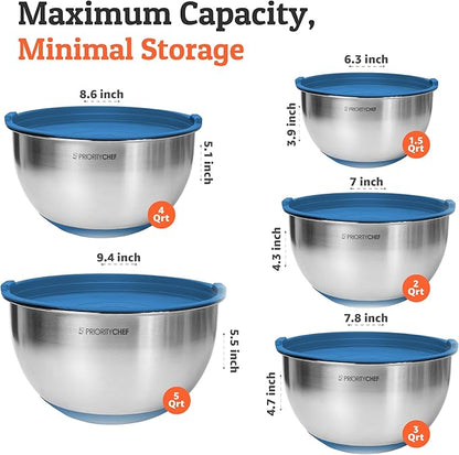 Priority Chef Premium Mixing Bowls With Airtight Lids Set, Thicker Stainless Steel Mixing Bowl Set, Large Prep Metal Bowls with Lids, Nesting Bowls for Kitchen, 1.52345 Qrt, Blue