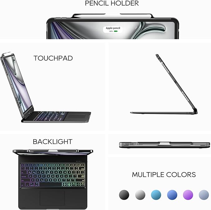 Swivel Keyboard Case for Apple iPad Pro 12.9 inch 6th Generation 5th 4th 3rd Gen; Wireless Rotatable Cover with Pencil Holder, Multi-Touch Trackpad, Backlit, Black