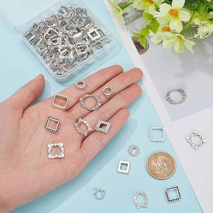 PH PandaHall 112pcs 8 Styles Bead Frames, Double Hole Frame Spacer Beads SquareOvalRound Bead Hugger Frame Connectors for DIY Earring Bracelet Necklace Jewelry Crafts Making, Antique Silver