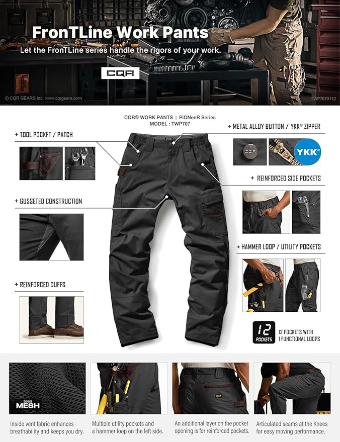 CQR Men's Flex Ripstop Work Pants, Water Resistant Tactical Pants, Outdoor Utility Operator EDC Cargo Pants