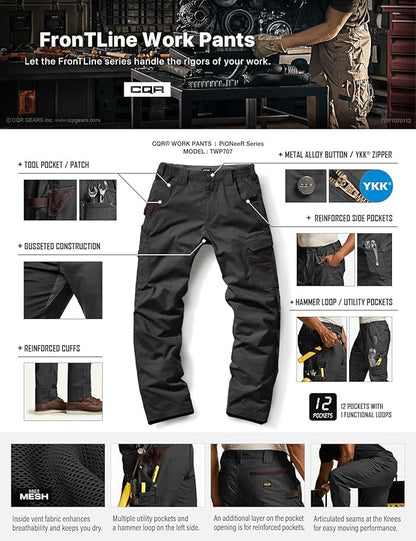 CQR Men's Flex Ripstop Work Pants, Water Resistant Tactical Pants, Outdoor Utility Operator EDC Cargo Pants