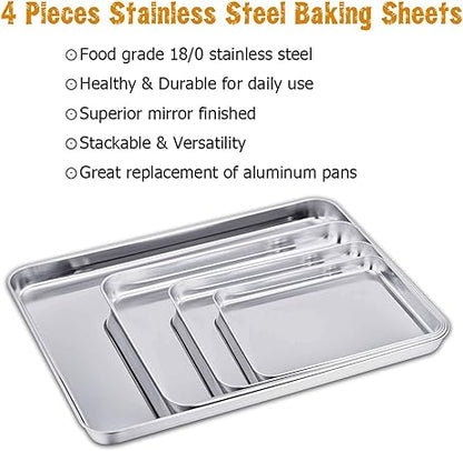 TeamFar Baking Sheet Set of 4, Stainless Steel Baking Pan Tray Cookie Sheet, Non Toxic  Healthy, Rust Free  Easy Clean - Dishwasher Safe