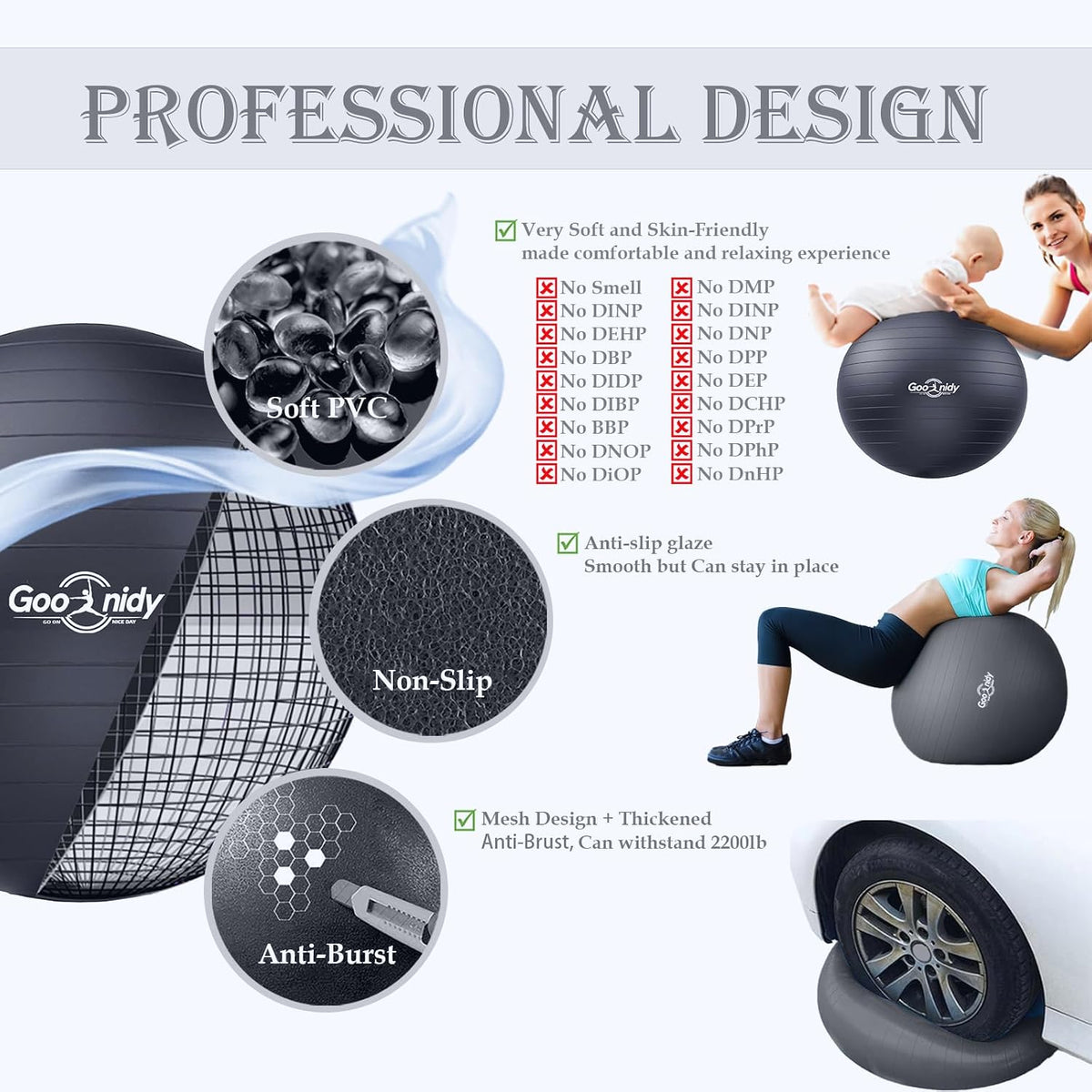 Soft Exercise Ball, Anti-Burst Pilates Yoga Ball Chair Supports 2200lb, Workout Equipment for Women Pregnancy, Medicine, Birthing, Physical Therapy, Stability, Excersing, Birth, Swiss, Fitness