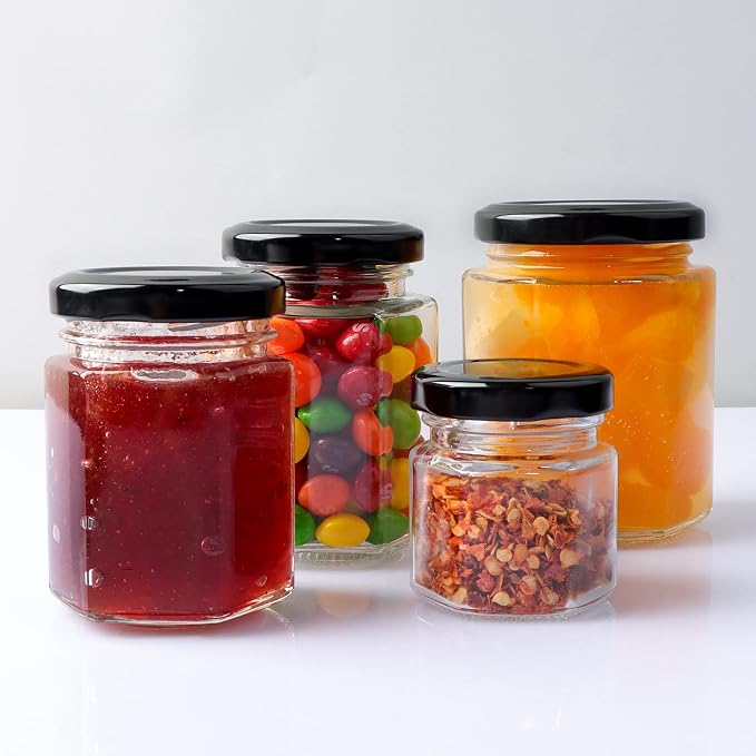 1.5 OZ Mini Hexagon Glass Jars, 48 Pack Empty Honey Jars Small Spice Jars with Black Lids and 50pcs Labels for Jam, Homemade Projects, Gifts, Wedding Party Favors