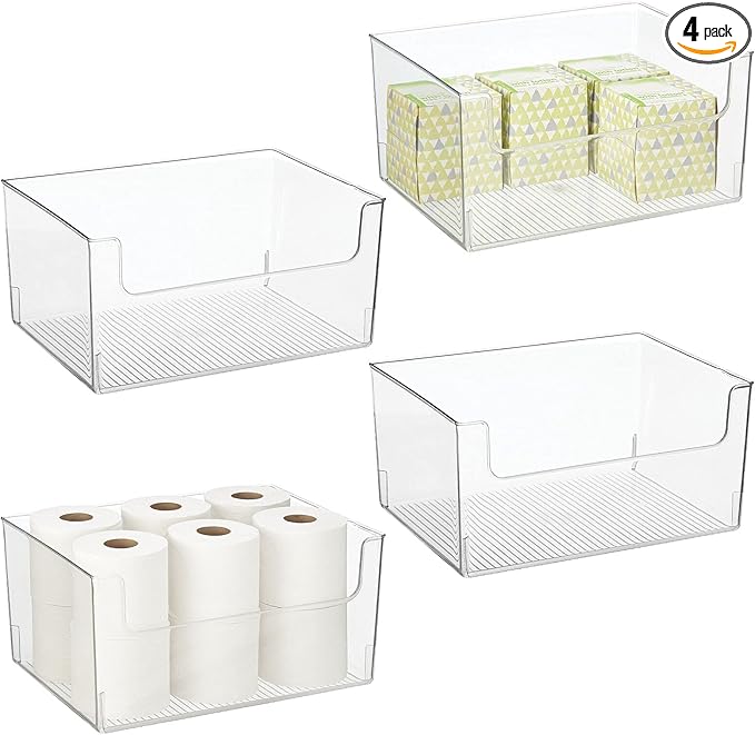 mDesign Large Modern Plastic Open Front Dip Storage Organizer Bin Basket for Bathroom Organization - Vanity Shelf, Cubby, Cabinet, and Closet Organizing Decor - Ligne Collection - 4 Pack - Clear