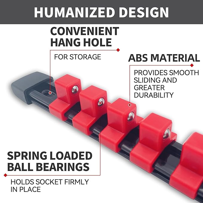14-Inch Drive ABS Socket Organizer, Heavy Duty Socket Racks, Socket Holder Kit 14-Inch x 16 Clips Premium Quality Socket Clip Rail Holder(14-Red)