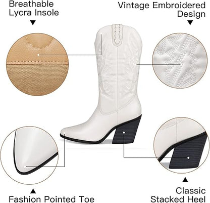 SHIBEVER Cowgirl Boots for Womens Western: Cowboy Pointy Toe Chunky Heel Embroidered Mid Calf Boot with Side Zipper