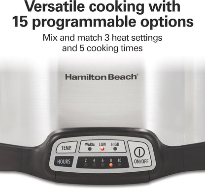 Hamilton Beach 4 Quart Programmable Slow Cooker with Flexible Easy Programming, 5 Cooking Times, Dishwasher-Safe Crock & Lid, Silver (33443)