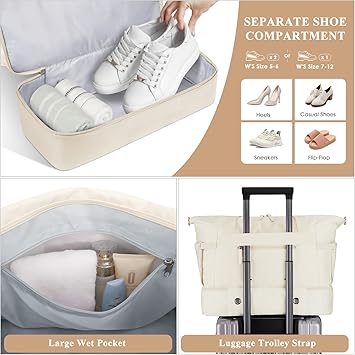 ETRONIK Gym Bag for Women, Personal Item Travel Bag with Shoes Compartment, Weekender Overnight Duffel Bag with Wet Pocket  USB Charging Port, Carry On Bag for Women, Travel, Gym, Weekend (Beige)