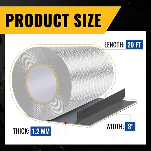 VIVIDA Aluminum Butyl Tape 8"  20', Waterproof Aluminum Foil Butyl Sealing Tape for Outdoor Use, Corrosion Resistant, Repair for Metal Roof, RV, Windows, 1 Roll