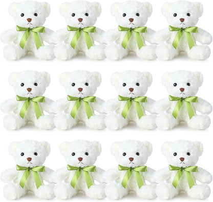 Hungdao 4 Pcs Bears Bulk Gifts Plush Bear Stuffed Animals 10 Inch Cute Soft Stuffed Animals with Green Bows for Baby Shower Birthday Party Favor Centerpiece Decoration(White)