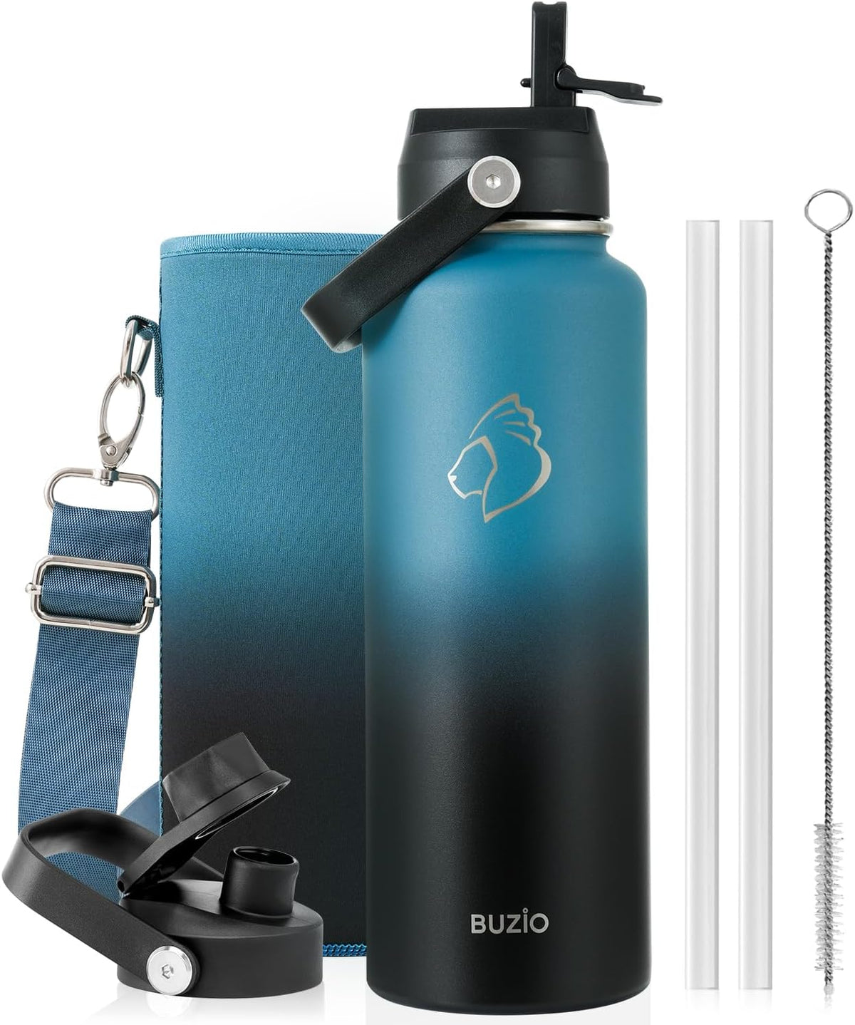 BUZIO Water Bottle with Straw Lid and Flex Cap, 40oz Double Vacuum Stainless Steel Water Flask, Cold for 48 Hrs Hot for 24 Hrs Simple Thermo Canteen Mug, Indigo Black