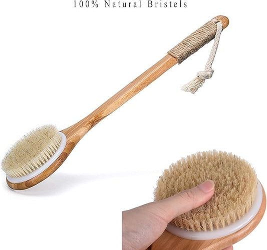 Chikoni Dry Bath Body Brush Back Scrubber with Anti-Slip Long Wooden Handle, Natural Bristles Body Massager, Perfect for Exfoliating, Detox and Cellulite, Blood Circulation, Good for Health