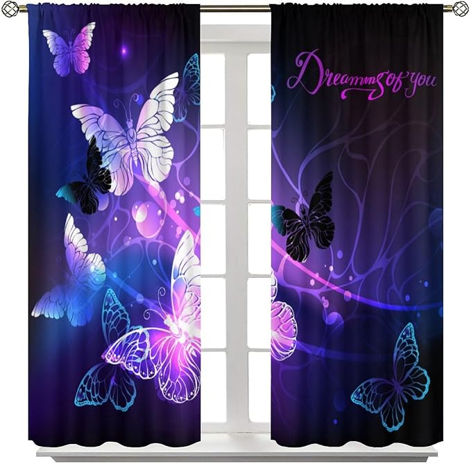 Butterfly Window Curtain, Purple Fantasy Dream Butterfly Curtains for Girls Kids Bedroom Bedroom Nursery Room Living Room 52" W X 84" L