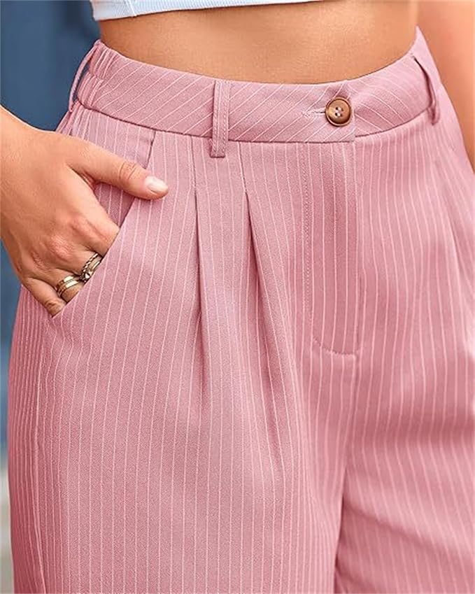 Women Wide Leg Dress Pants Striped Wide Leg Pants High Waisted Loose Fit Business Casual Work Trousers with Pockets