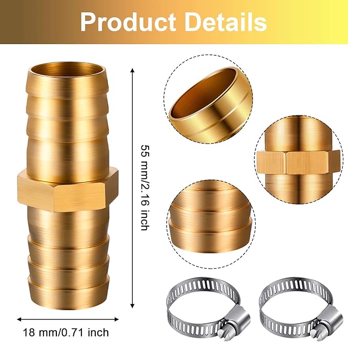 4 Pieces 34 Inch Garden Hose Repair Mender Solid Brass Water Hose Connector Splicer Mender with 8 Pieces Stainless Steel Tightening Clamp and Seal Tape