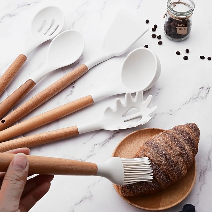 1pc White Silicone Pasta Server with Wooden Handle, Heat Resistant Cooking Utensils for Pasta Noodle Spaghetti Strainer