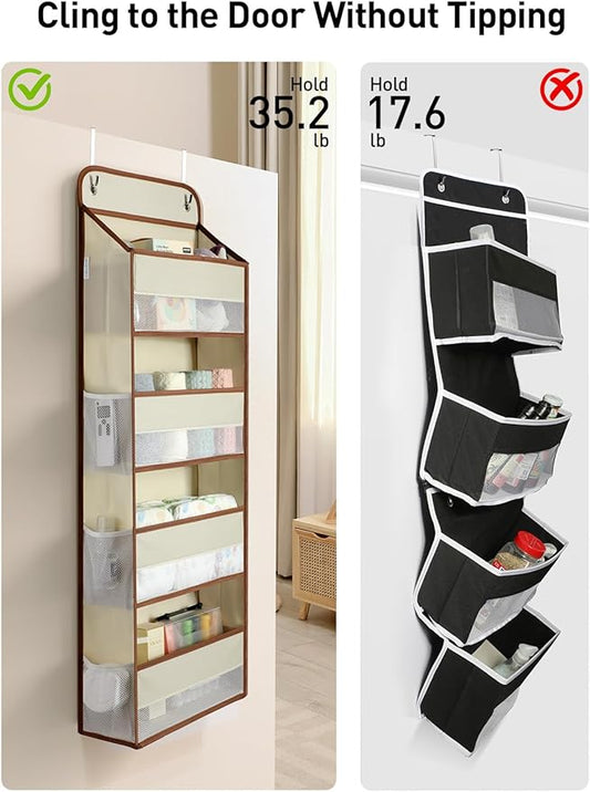Yecaye 1 Pack Over the Door Storage Organizer, 35.2lbs Load Closet Door Organizer Hanging, No Sagging Bathroom Organizer with 4 Bins 6 Side Pockets, Door Storage for Nursery Baby Essentials, Beige