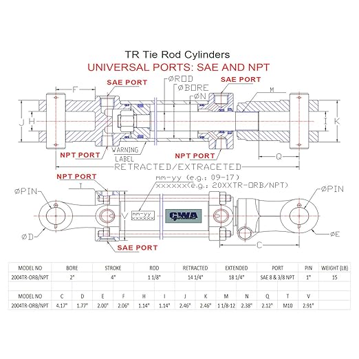 TR Tie Rod Cylinder 2" Bore x 4" Stroke x 1 18" Rod x 2500 PSI - Port: SAE 8 and 38 NPT