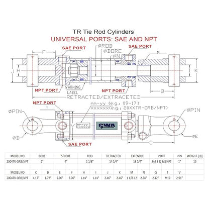 TR Tie Rod Cylinder 2" Bore x 4" Stroke x 1 18" Rod x 2500 PSI - Port: SAE 8 and 38 NPT