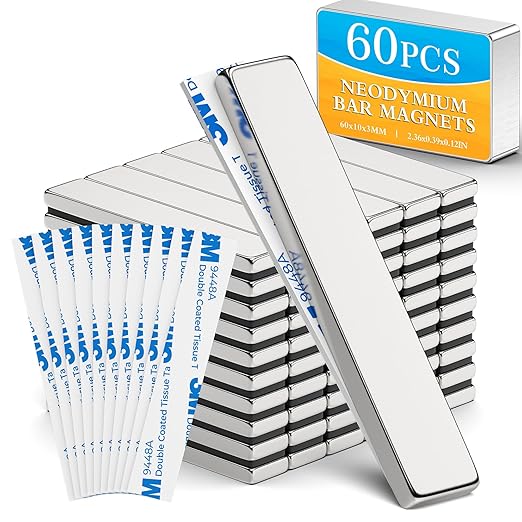 Grtard 60 Pack Powerful Neodymium Bar Magnets, 60 x 10 x 3 mm Rare Earth Magnet Bar, Rectangle Magnet,Neodymium Magnets with Double Sided Adhesive Backing for Outdoor, Fridge, Whiteboard