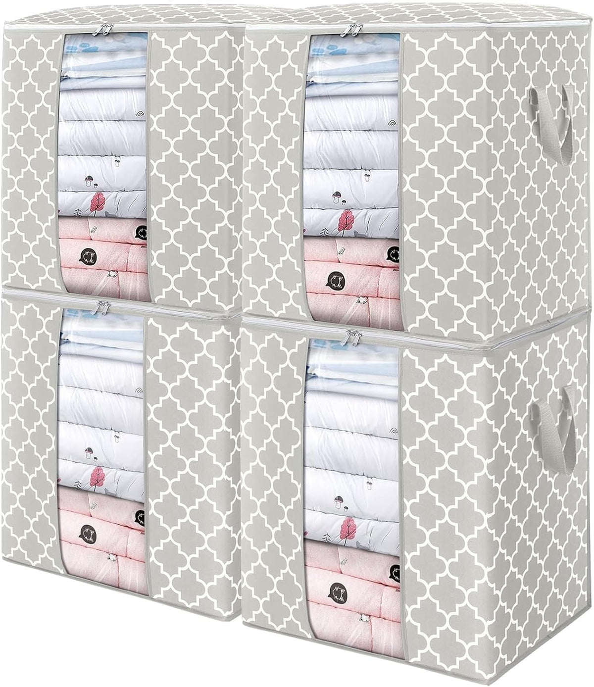 WISELIFE Storage Bags 4 Pack/100L Large Blanket Clothes Organization and Storage Containers for Comforters,Bedding, Foldable Organizer with Reinforced Handle, Clear Window, Sturdy Zippers,Lvory
