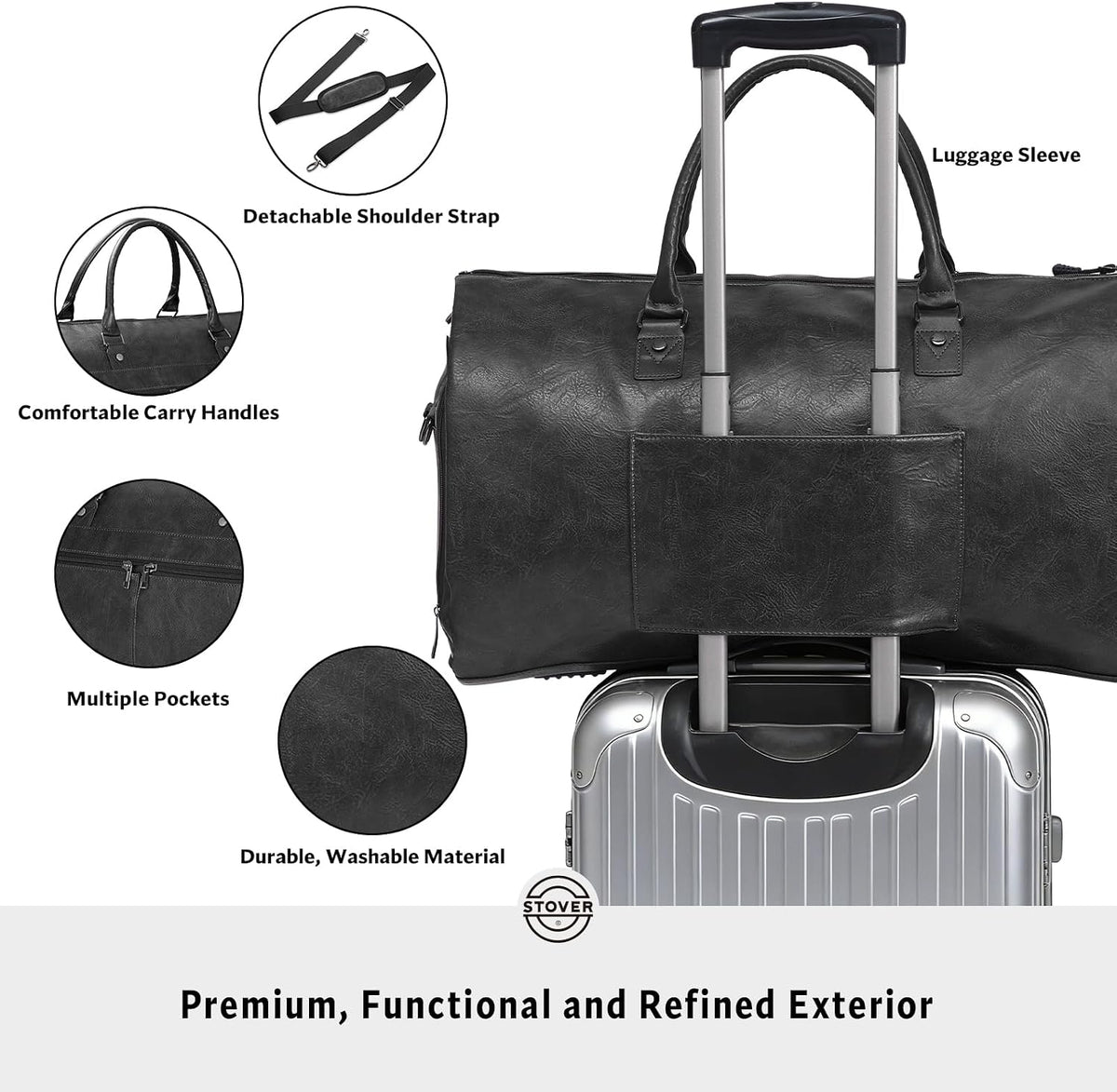 Garment Travel Duffle Bag, Large 2-in-1 Convertible Carry-on Luggage for Men & Women- Hanging Suits, Dresses & Clothes + Shoe Compartment- Weekender Tote Combo Duffel (Black Leatherette)