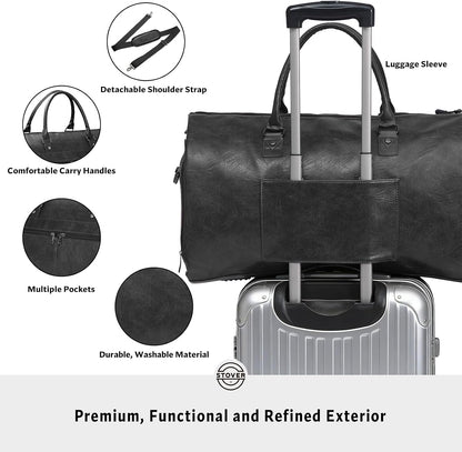 Garment Travel Duffle Bag, Large 2-in-1 Convertible Carry-on Luggage for Men & Women- Hanging Suits, Dresses & Clothes + Shoe Compartment- Weekender Tote Combo Duffel (Black Leatherette)