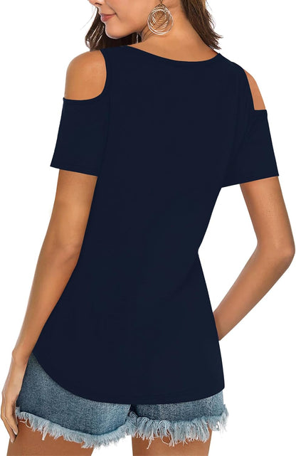 Elesomo Womens V Neck Cold Shoulder Tops Short/Long Sleeve Summer T Shirts Basic Tees