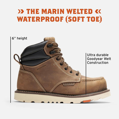 Welted (Soft Toe) - 6" Waterproof Moc Toe Wedge Work Boot - Goodyear Welt Construction - EH & ESR Rated - Oil & Slip Resistant - Adjustable Width System