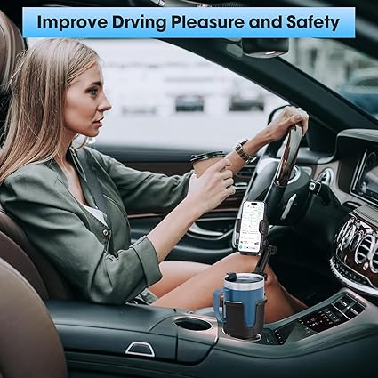 2 in 1 Large Cup Phone Holder Cupholder Extender for Car with Expandable Base, Cup Holder Expander for 18-40oz Drink Bottles, Mug and Phone Holder with 360 Adjustable Arm Fits All Smartphone