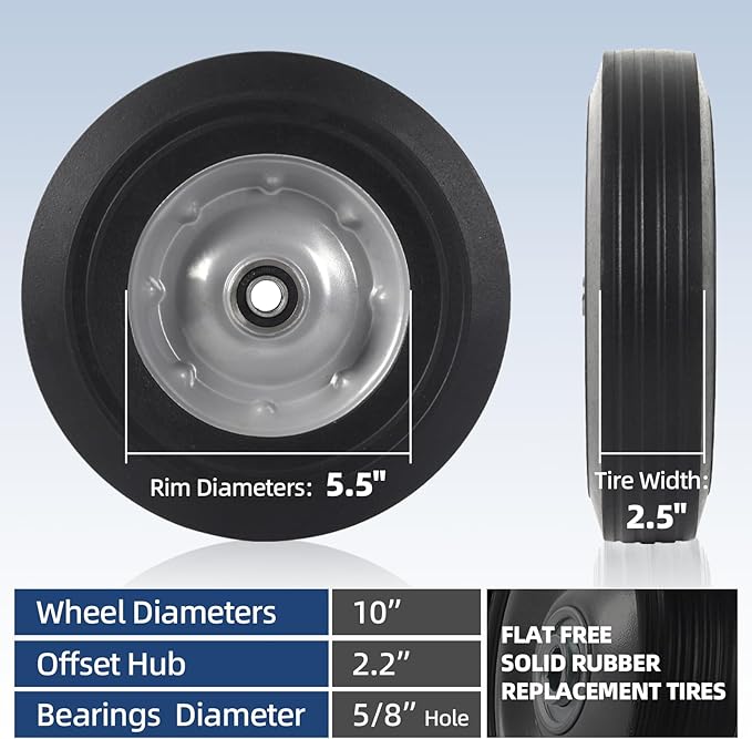 AR-PRO (2-Pack) 10" x 2.5" Flat Free Solid Rubber Replacement Tires - Flat-Free Tire and Wheel for Hand Trucks and Wheelbarrows with 58" Axles