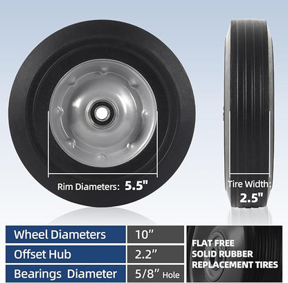 AR-PRO (2-Pack) 10" x 2.5" Flat Free Solid Rubber Replacement Tires - Flat-Free Tire and Wheel for Hand Trucks and Wheelbarrows with 58" Axles