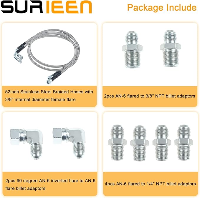 6AN 52" Transmission Fluid Oil Cooler Hose Line kit, Compatible with GM Chevy Ford GMC Buick Cadillac Cars and Trucks Stainless Steel Braided PTFE Hose Transmission Cooling Lines