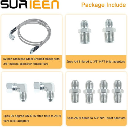 6AN 52" Transmission Fluid Oil Cooler Hose Line kit, Compatible with GM Chevy Ford GMC Buick Cadillac Cars and Trucks Stainless Steel Braided PTFE Hose Transmission Cooling Lines