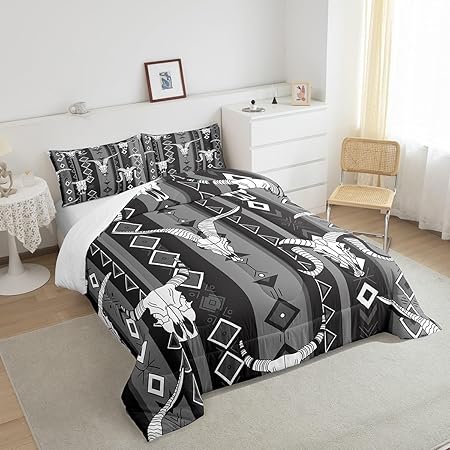 Western Boho Bedding Sets Queen Bull Skull Cowboy Quilt Set Black White Grey Southwestern Aztec Comforter Set for Teen Boys Men Ethnic Tribal Geometric Diamond Duvet Insert Southwest Room Decor 3 Pcs