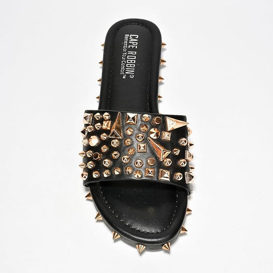 Cape Robbin Tonie Spike and Stud Adorned Flat Sandals (Tonie)