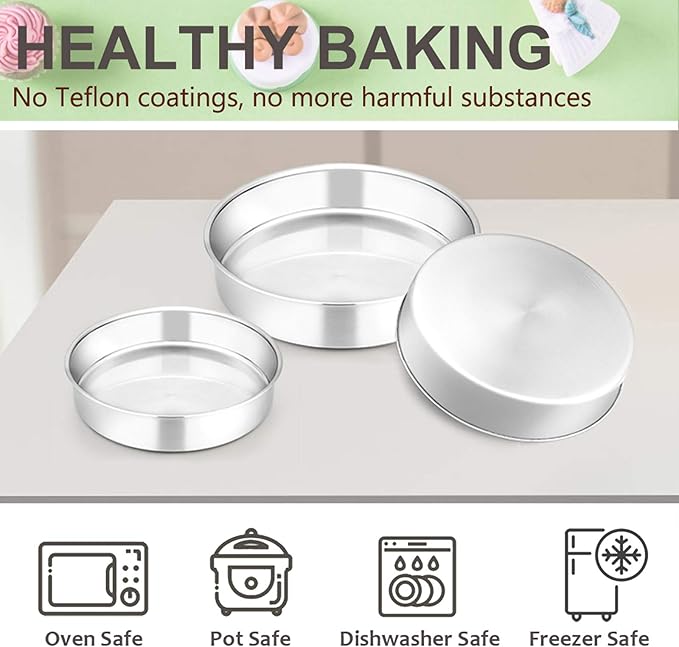E-far Cake Pan Set of 3 (6 inch/8 inch/9½ inch), Stainless Steel Round Layer Cake Baking Pans, Perfect for Birthday Wedding Tier Cake, Non-Toxic & Healthy, Mirror Finish & Dishwasher Safe